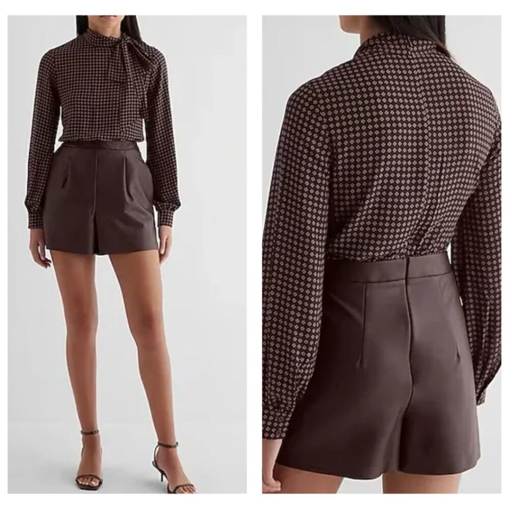 Express Faux Leather Tie Neck Long Sleeve Romper | Brown | Size XL | NWT